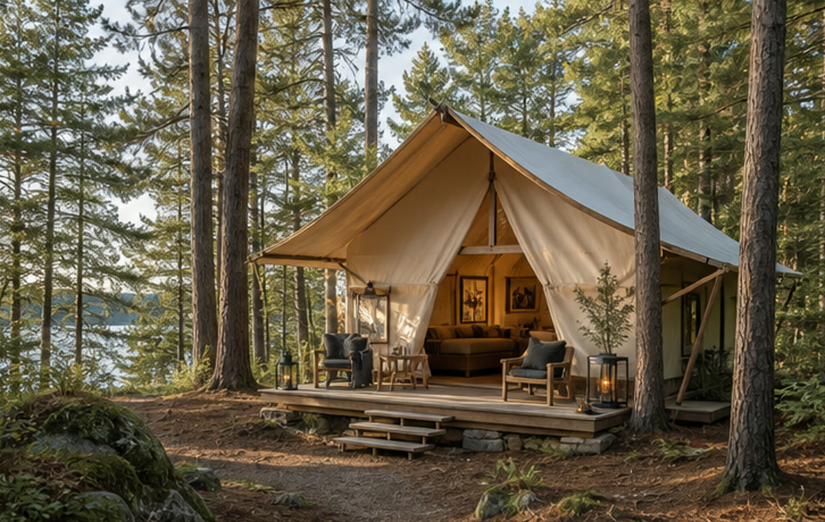 Canvas tent suite among Muskoka pines