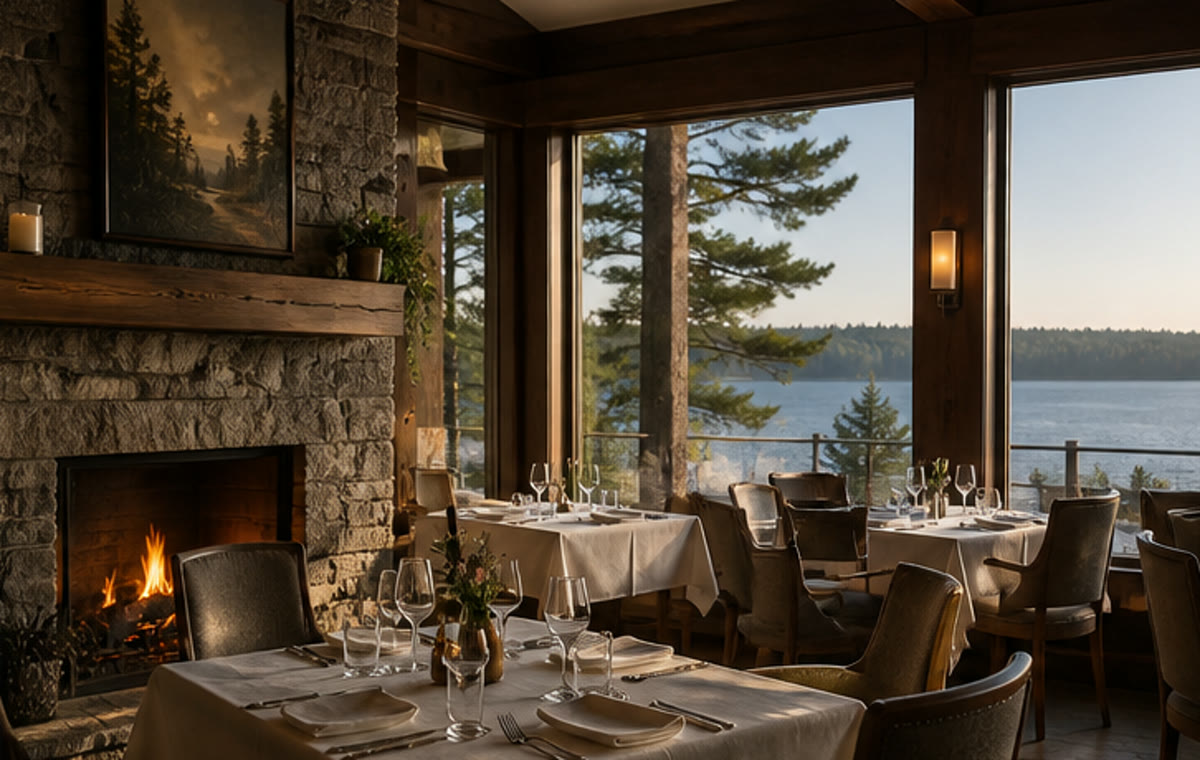 Lakefront dining room with stone hearth